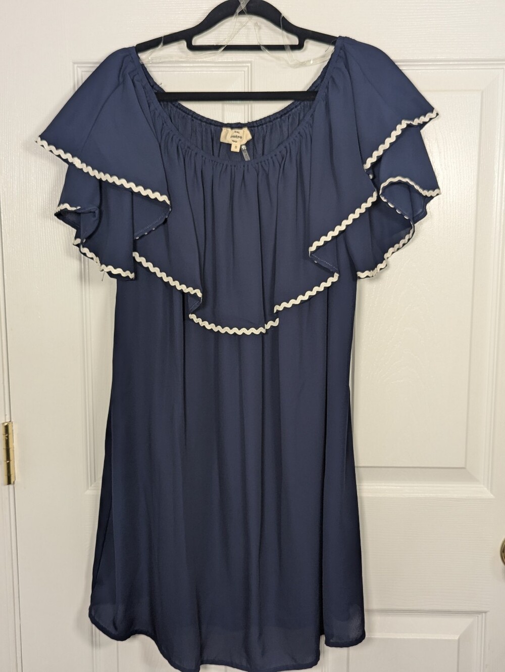 Entro Navy Blue Off Shoulder Ruffle Ric Rac Trim Shift Dress Small